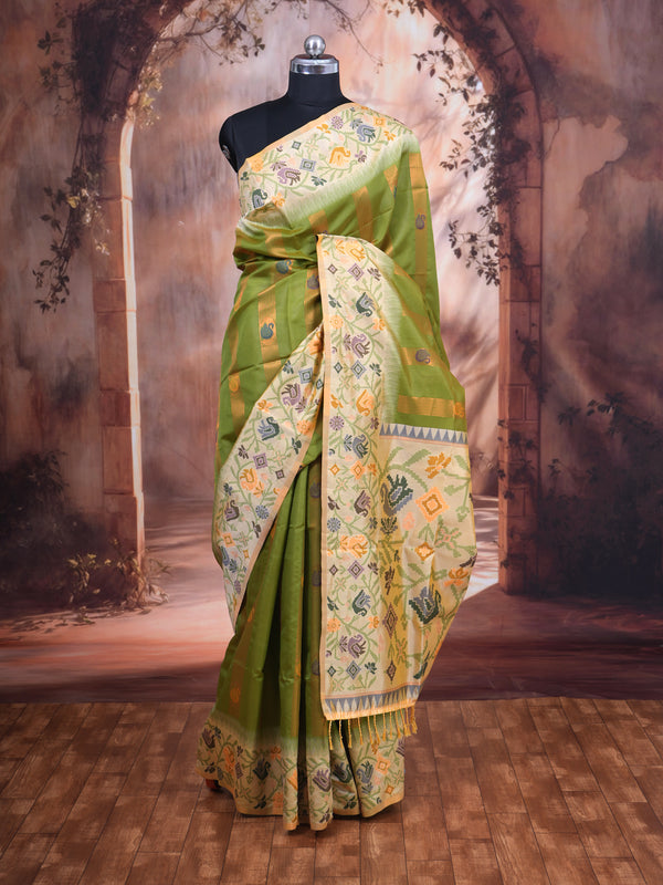 Parrot Green Semi Silk Saree