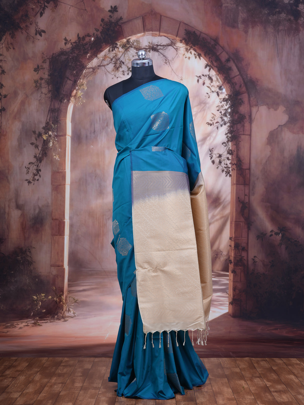Teal Blue With Sandal Semi Silk Saree