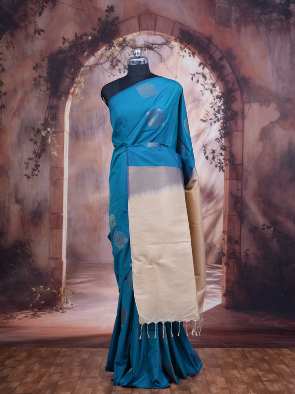Teal Blue With Sandal Semi Silk Saree