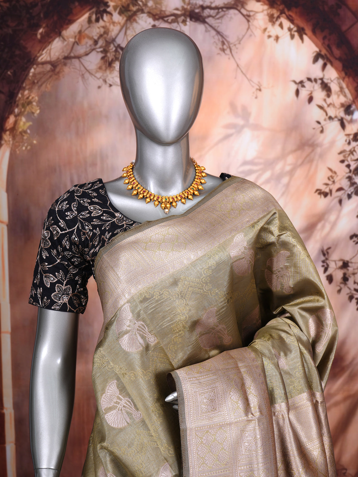 Olive Green with Rose Gold - Semi Tussar Saree