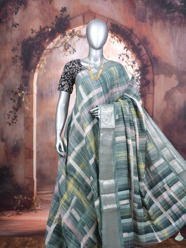 Sage Green with Silver Pallu - Semi Raw Silk Saree
