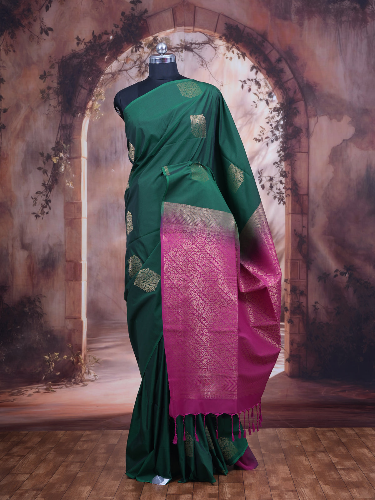 Dark Green With Pink Semi Silk Saree