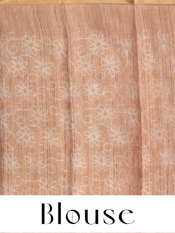 Beige and Multicolor Stripes with Peach Floral Pallu - Linen Cotton Saree