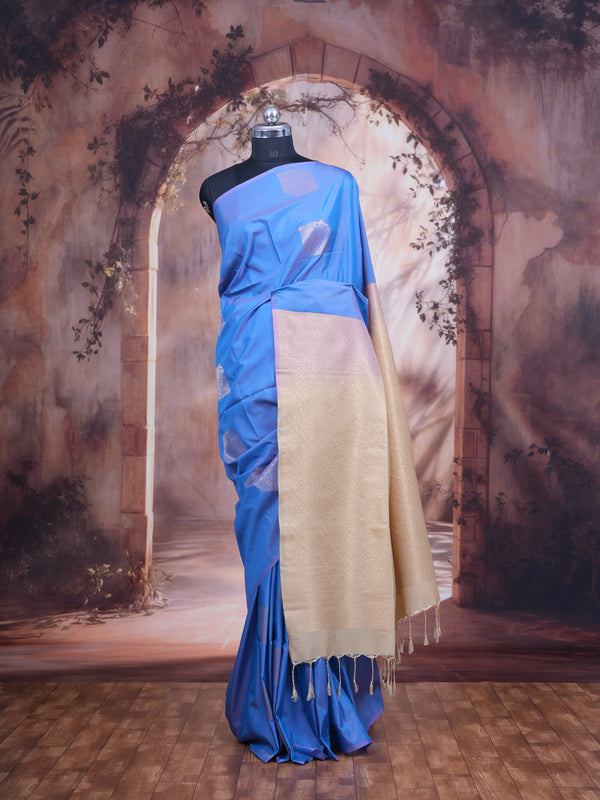 Lavender Blue With Sandal Semi Silk Saree