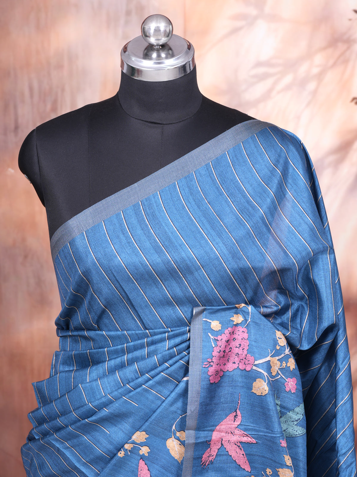 Steel Blue with Zari Stripes Pallu - Semi Tussar Saree
