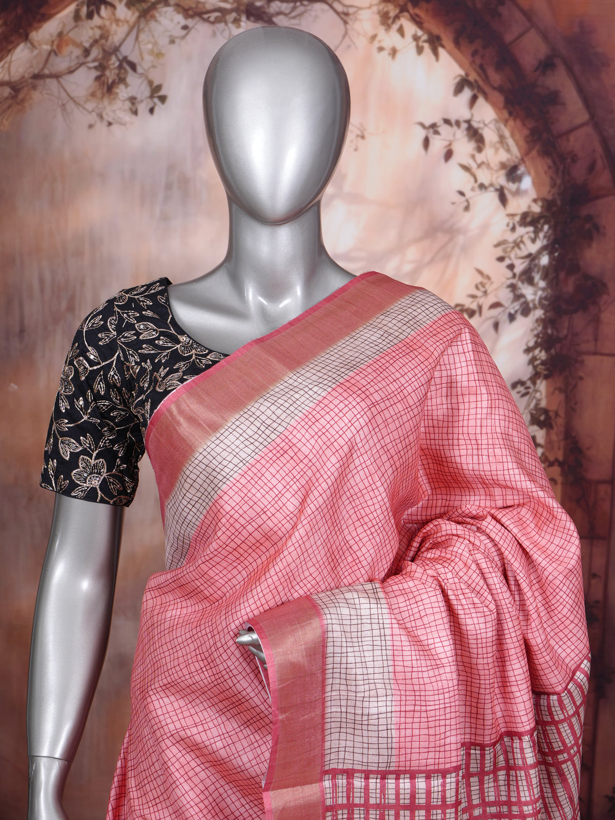 Pink and Off-White Grid Dola Silk Saree