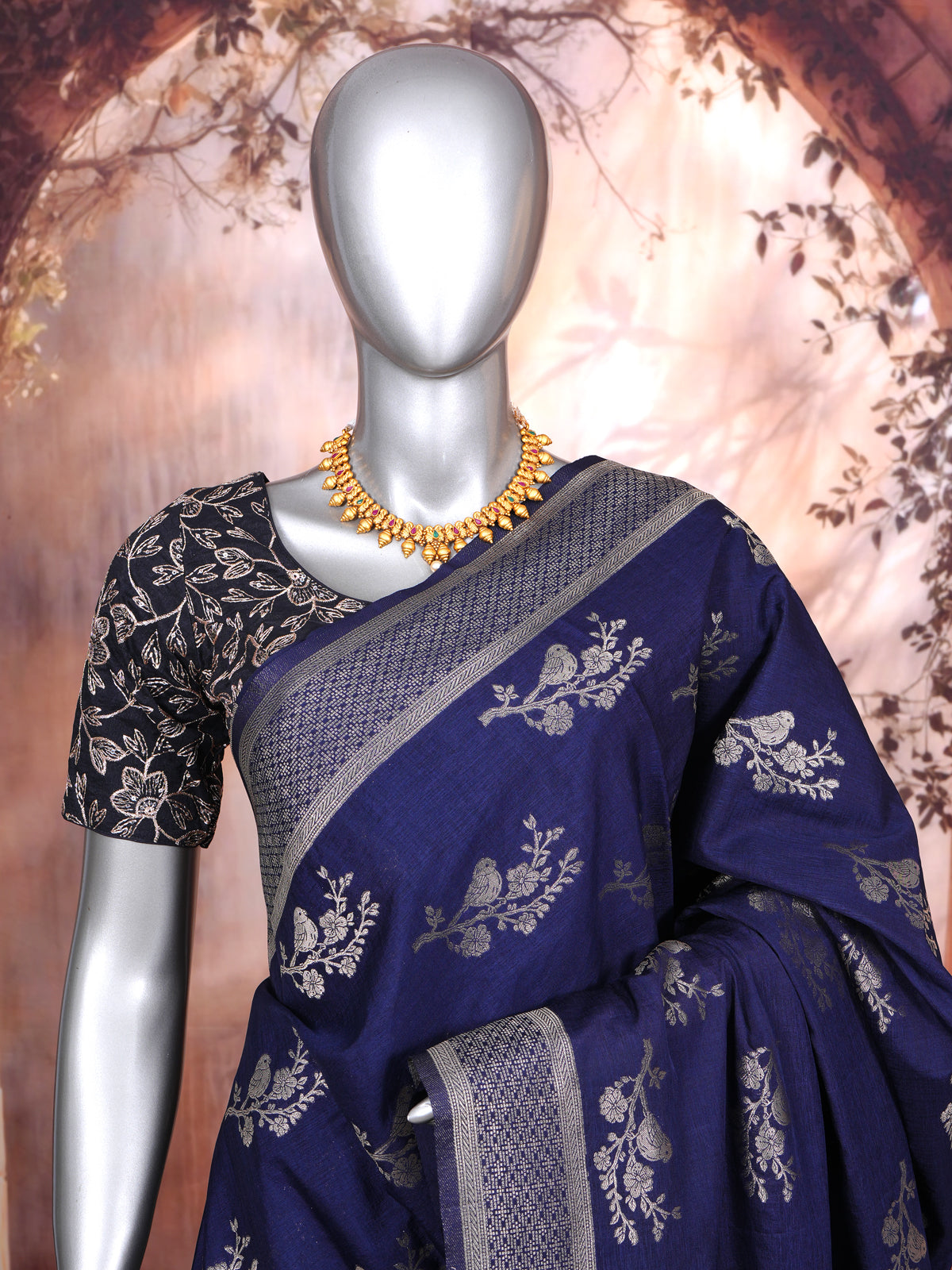 Navy Blue with Silver - Semi Tussar Saree