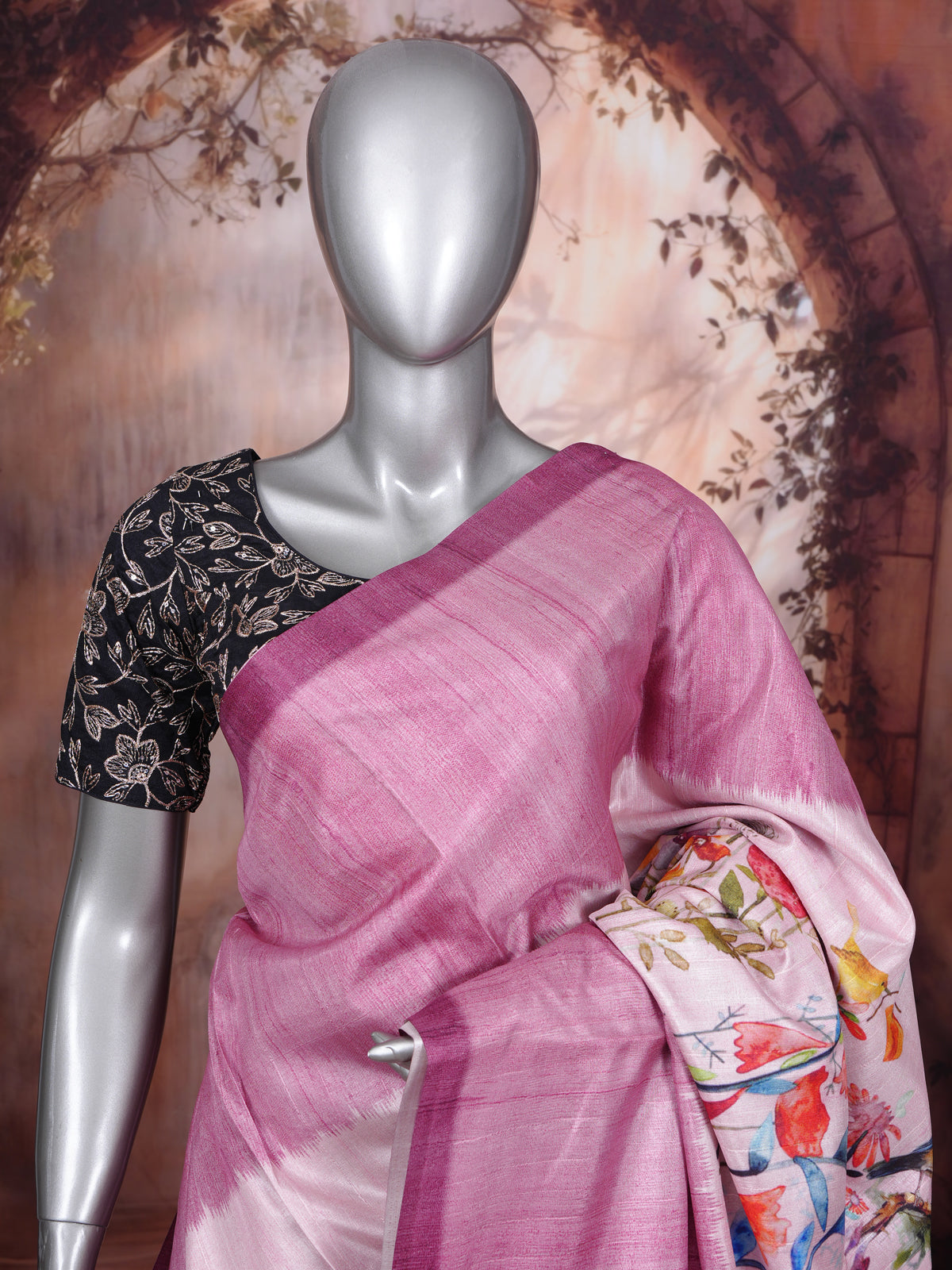 Mauve Pink Floral Digital Print Dola Silk Saree