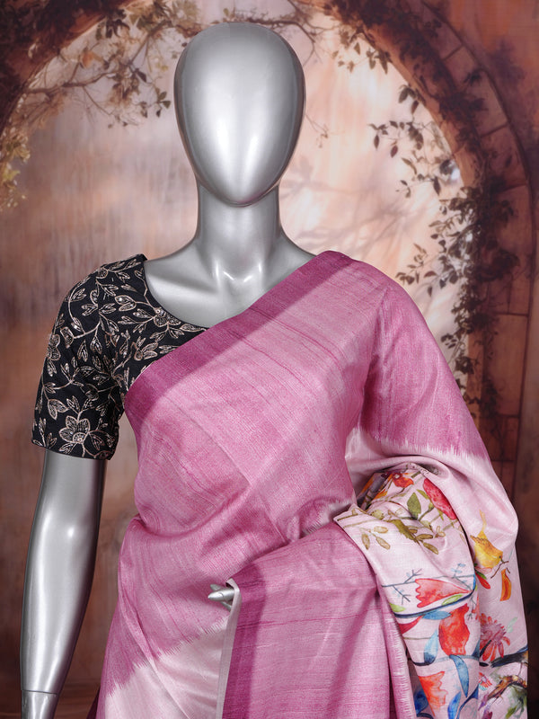 Mauve Pink Floral Digital Print Dola Silk Saree
