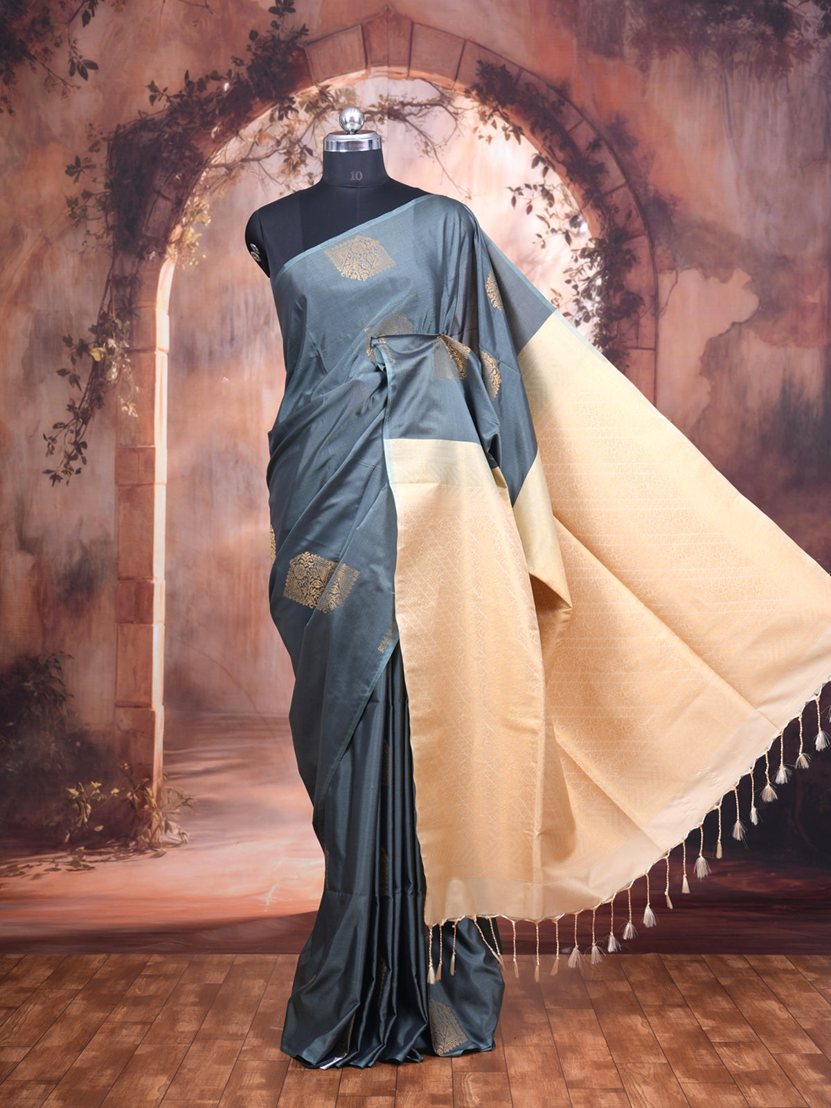Grey with sandal Semi Silk Saree