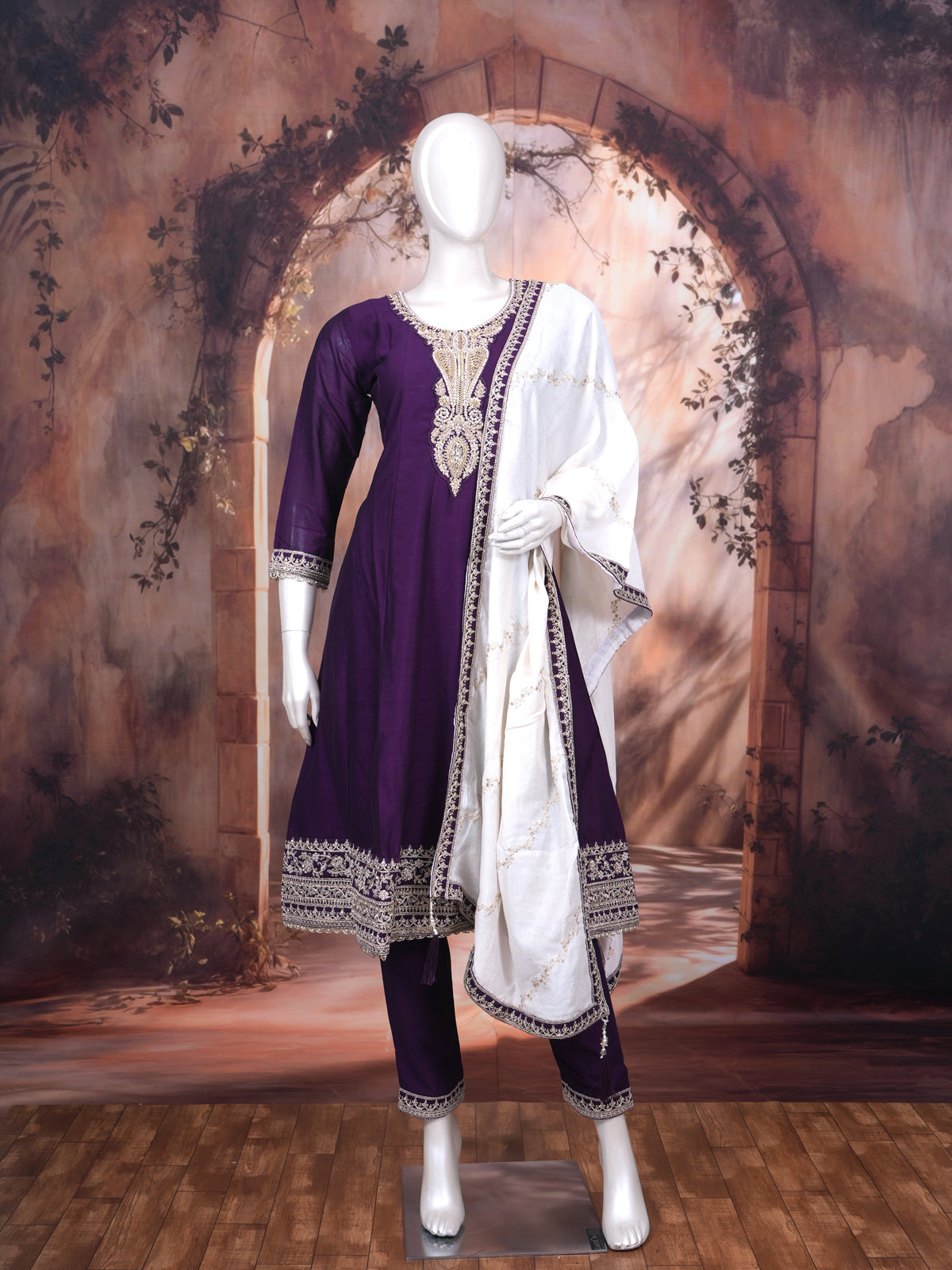 Deep Purple with Off-White Dupatta Ready Made Salwar Suit