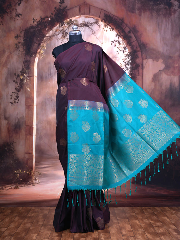 Deep Maroon With Blue Semi Silk Saree