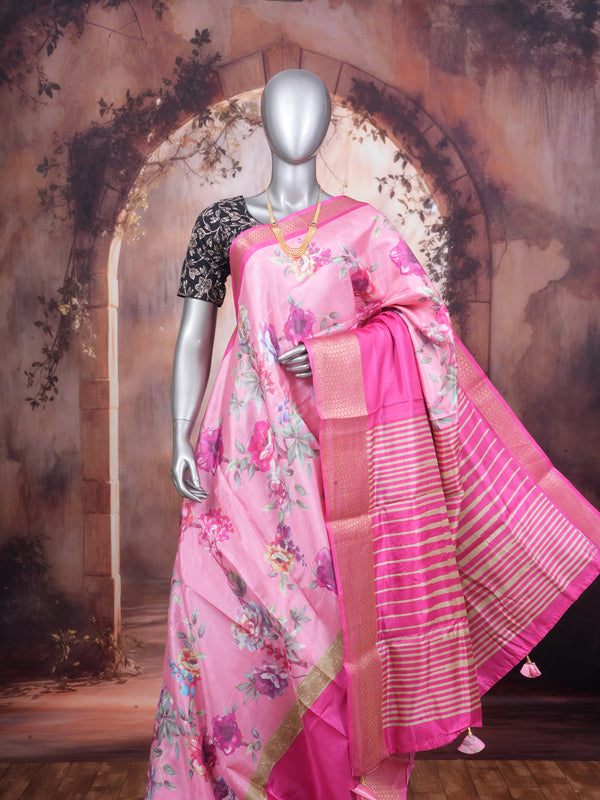 Light Pink Floral Printed Saree with Dark Pink Zari Pallu - Semi Raw Silk Saree