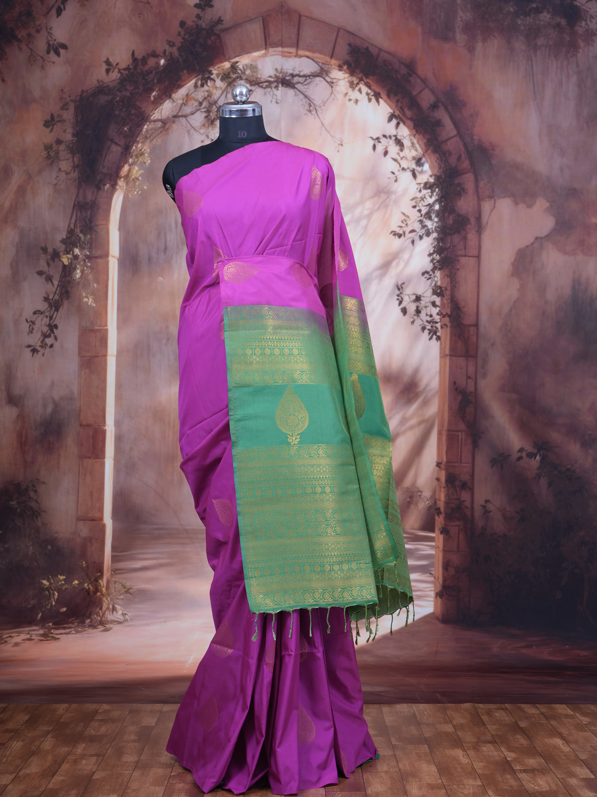 Magenta Pink with Green Semi Silk Saree