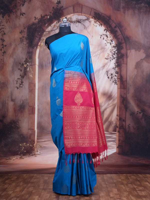 Sky Blue With Pink  Semi Silk Saree