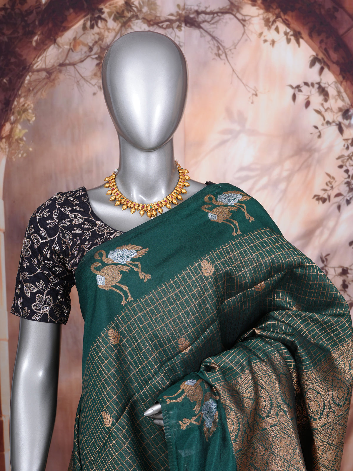 Bottle Green with Golden Pallu - Semi Tussar Saree