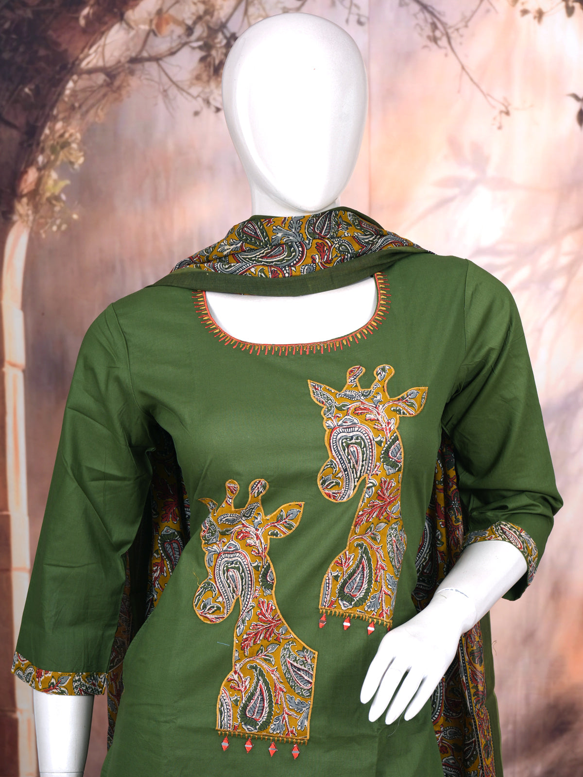 Olive Green with Printed Dupatta Ready Made Salwar Suit