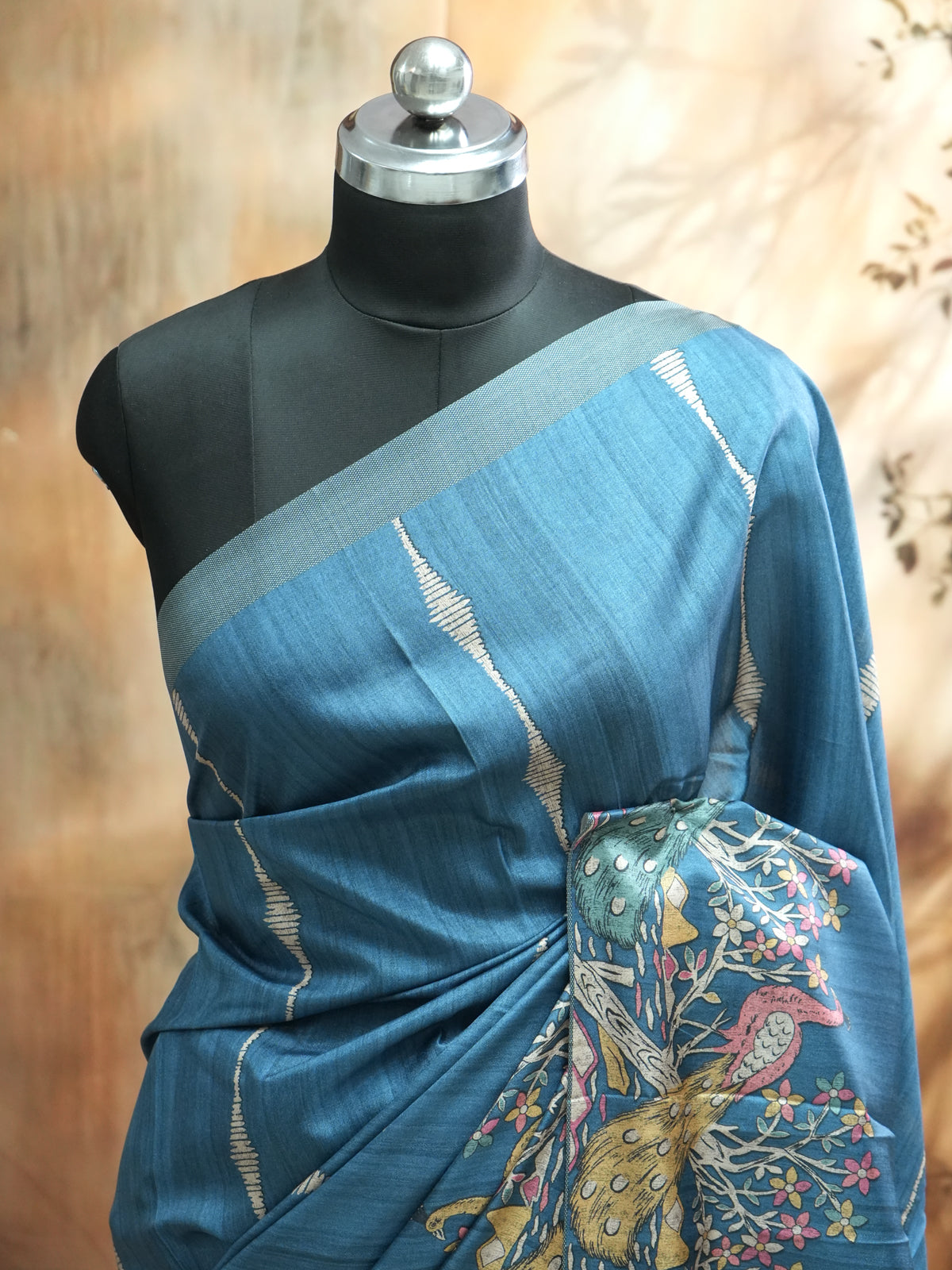 Steel Blue With  Multi-Color Accents - Semi Tussar Saree