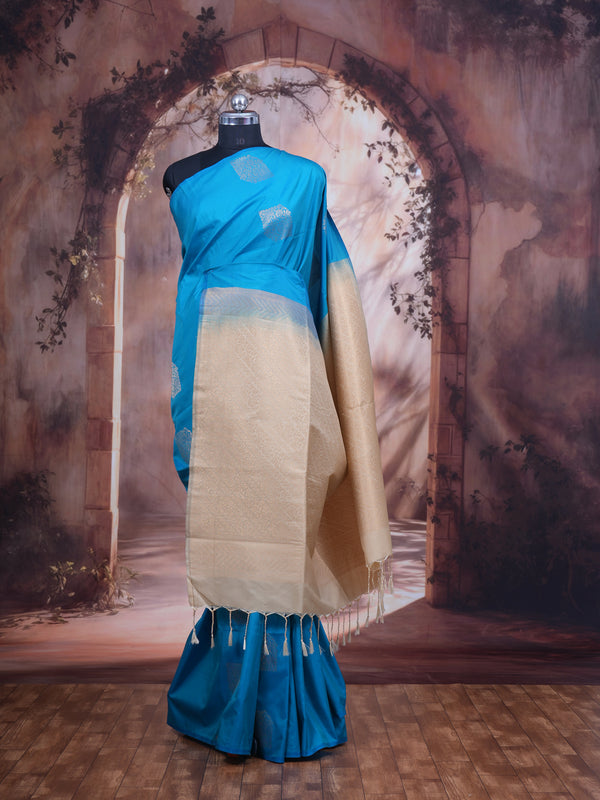 Teal Blue with  Light Sandal Semi Silk Saree