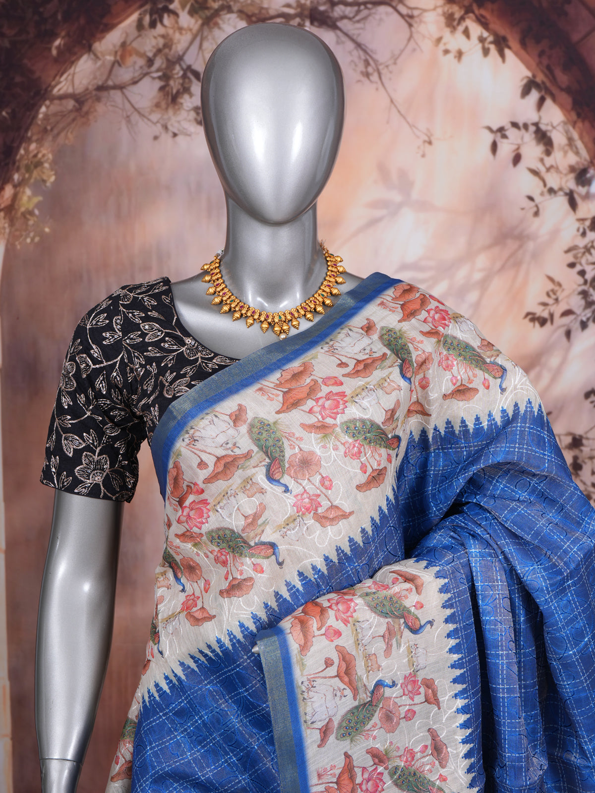 Royal Blue with Off-White Floral - Linen Cotton Saree