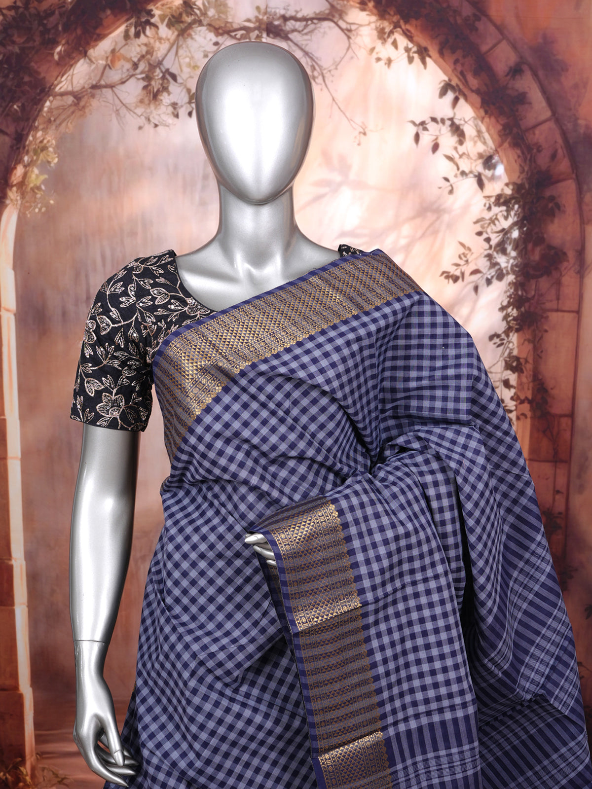 Blue and Grey Checked Chettinad Cotton Saree