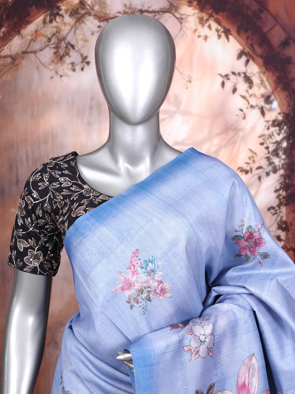 Powder Blue Floral Print with Multicolor Munthi Dola Silk Saree