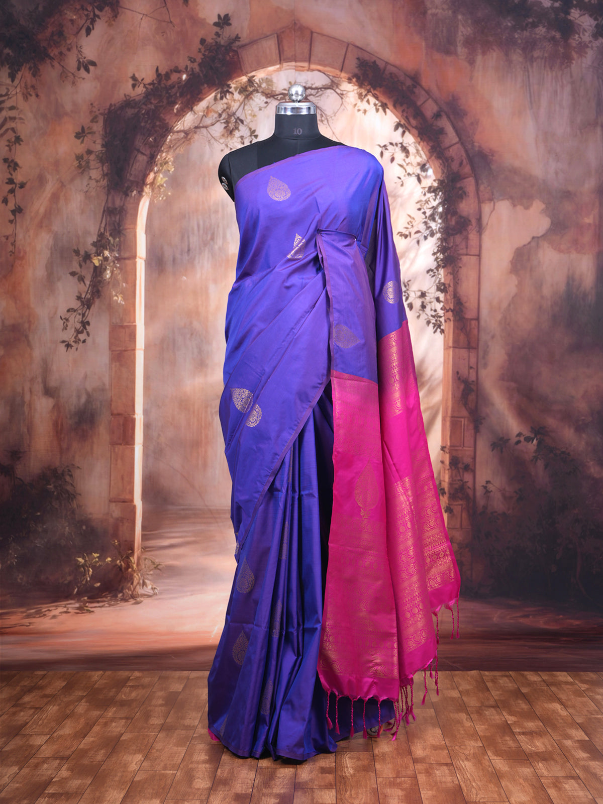 Violet with Rani Pink Semi Silk Saree