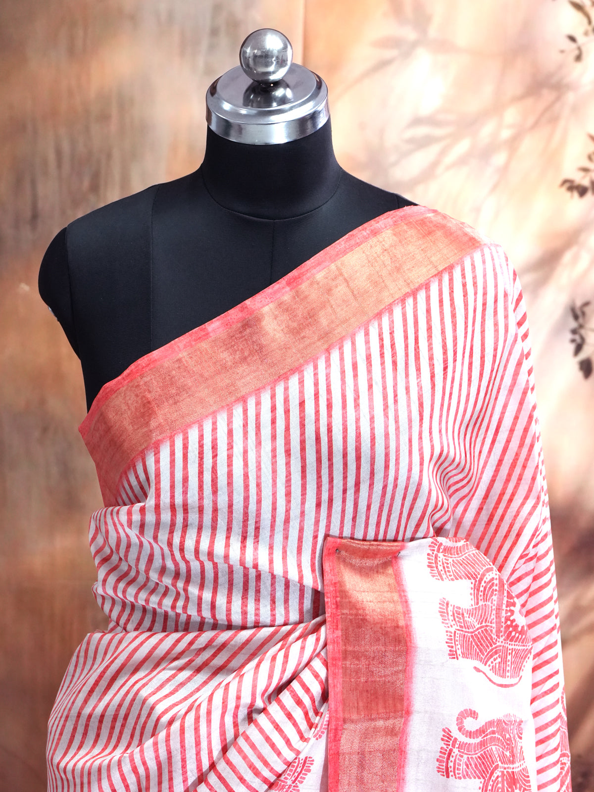White with Red Pallu - Semi Tussar Saree