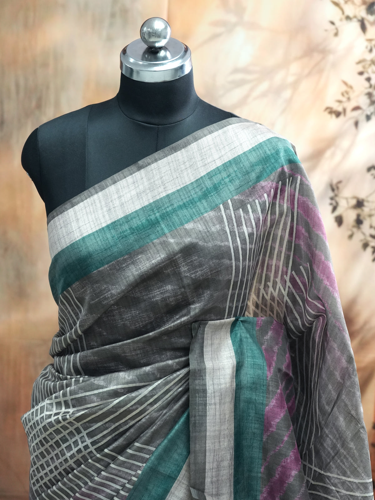 Charcoal Grey with Teal Green - Semi Tussar Saree