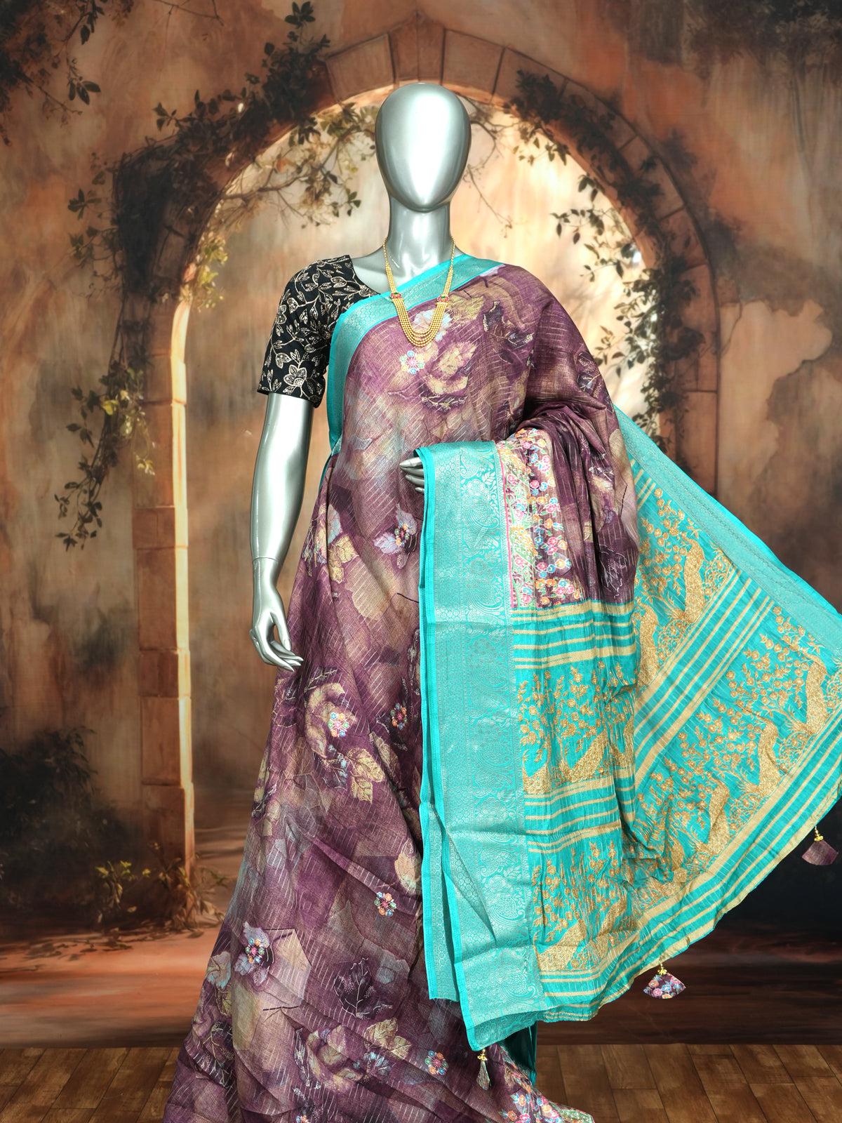 Mauve Purple with Turquoise Blue - Semi Raw Silk Saree