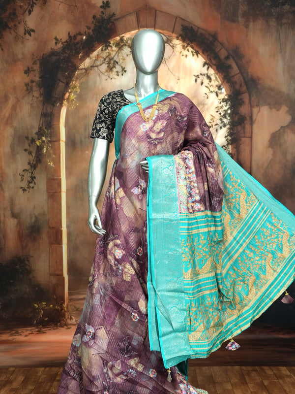 Mauve Purple with Turquoise Blue - Semi Raw Silk Saree