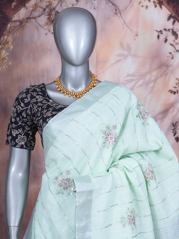 Mint Green with Light Silver Pallu - Linen Cotton Saree