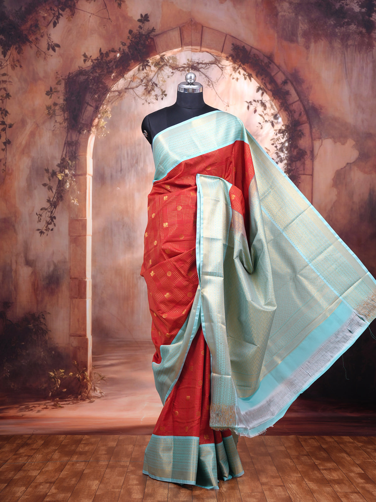 Red Saree with Sky Blue Kanchipuram Fancy Silk Saree