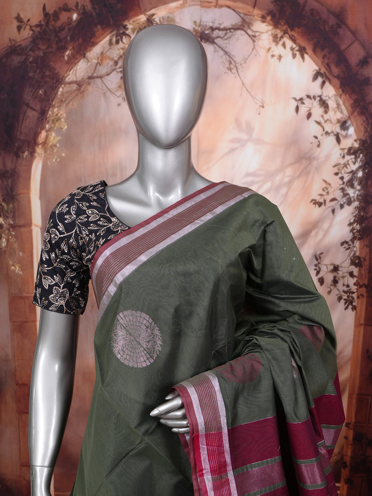 Olive Green with Magenta Silk Cotton Saree