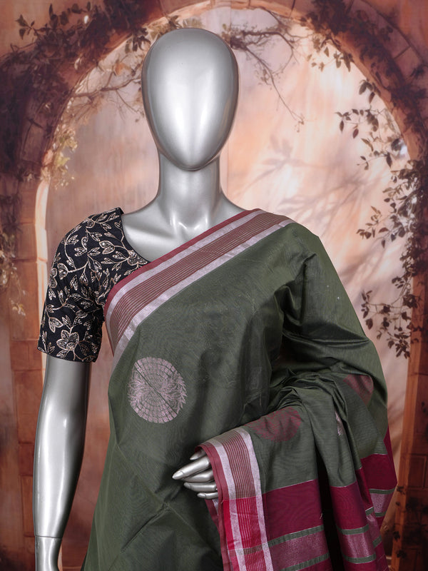 Olive Green with Magenta Silk Cotton Saree