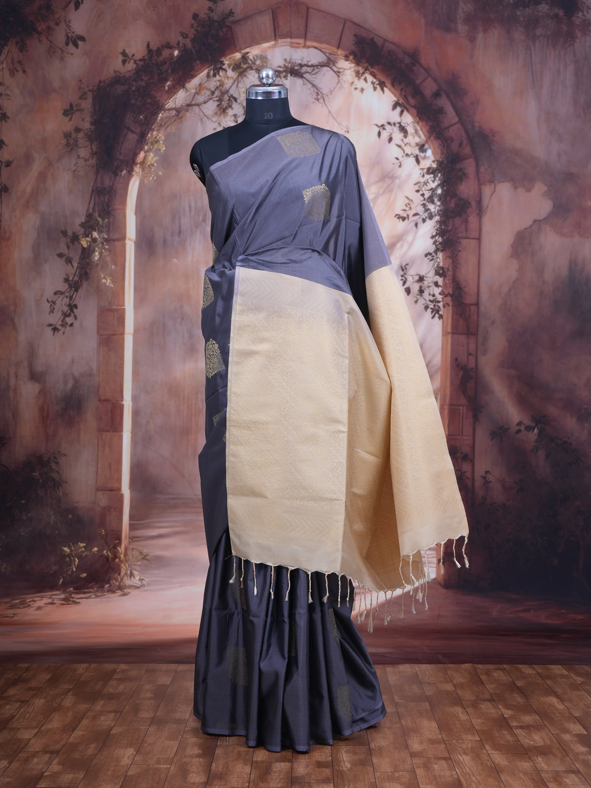 Charcoal Grey with Light Sandal Semi Silk Saree