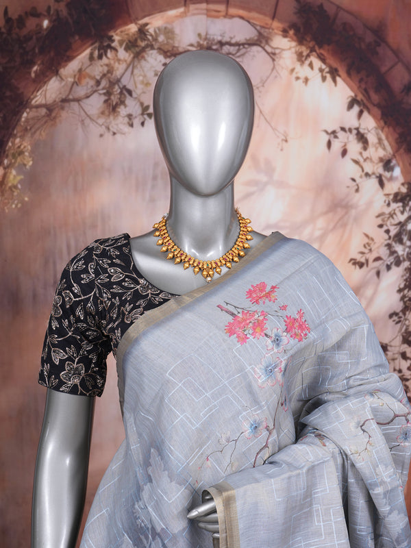 Pastel Grey with Silver-Grey Linen Cotton Saree