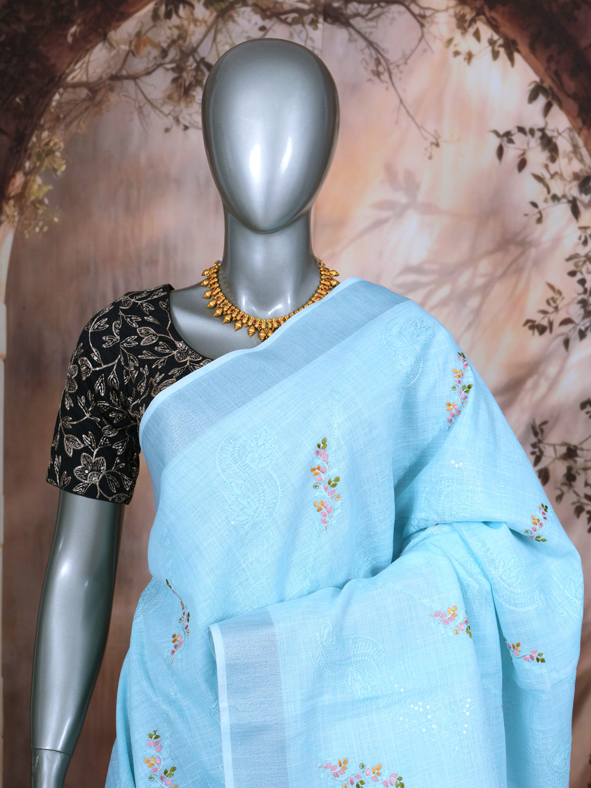 Sky Blue with Silver White Pallu - Linen Cotton Saree