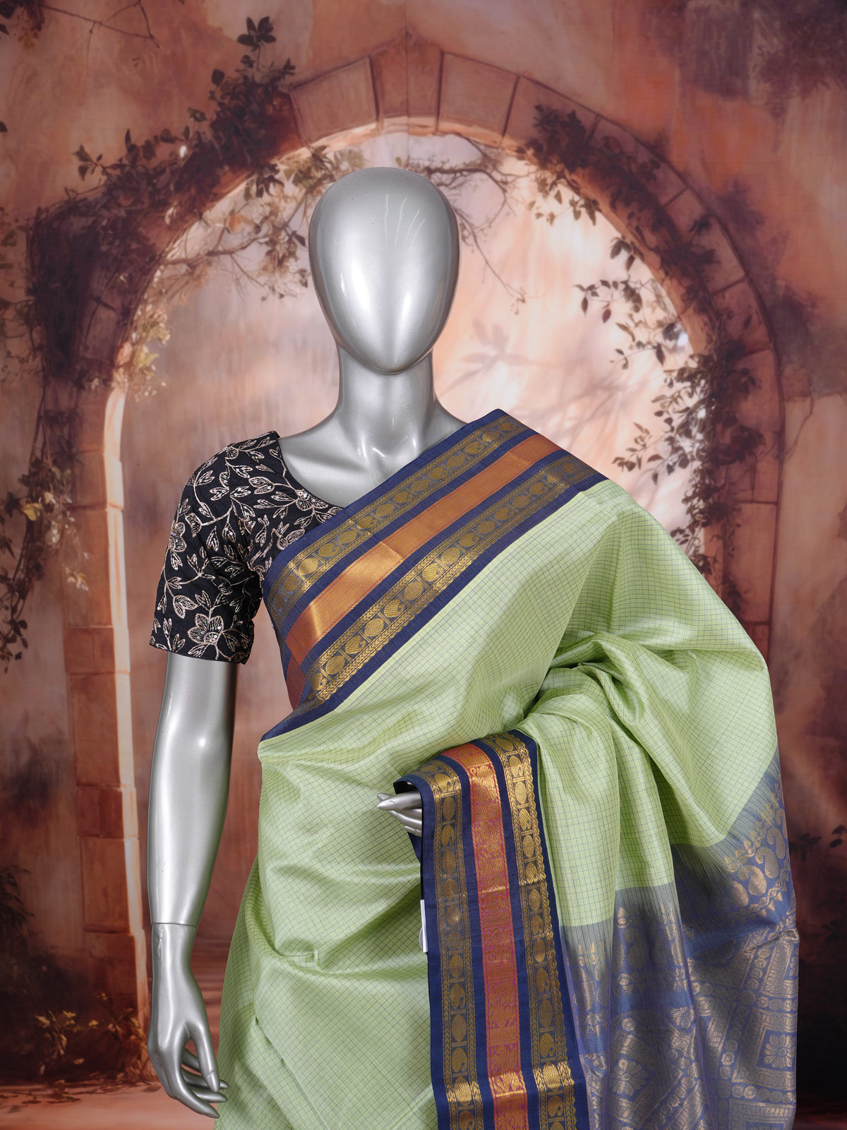 Elegant Pastel Green Pure Silk Cotton Saree with Indigo Blue Zari Border