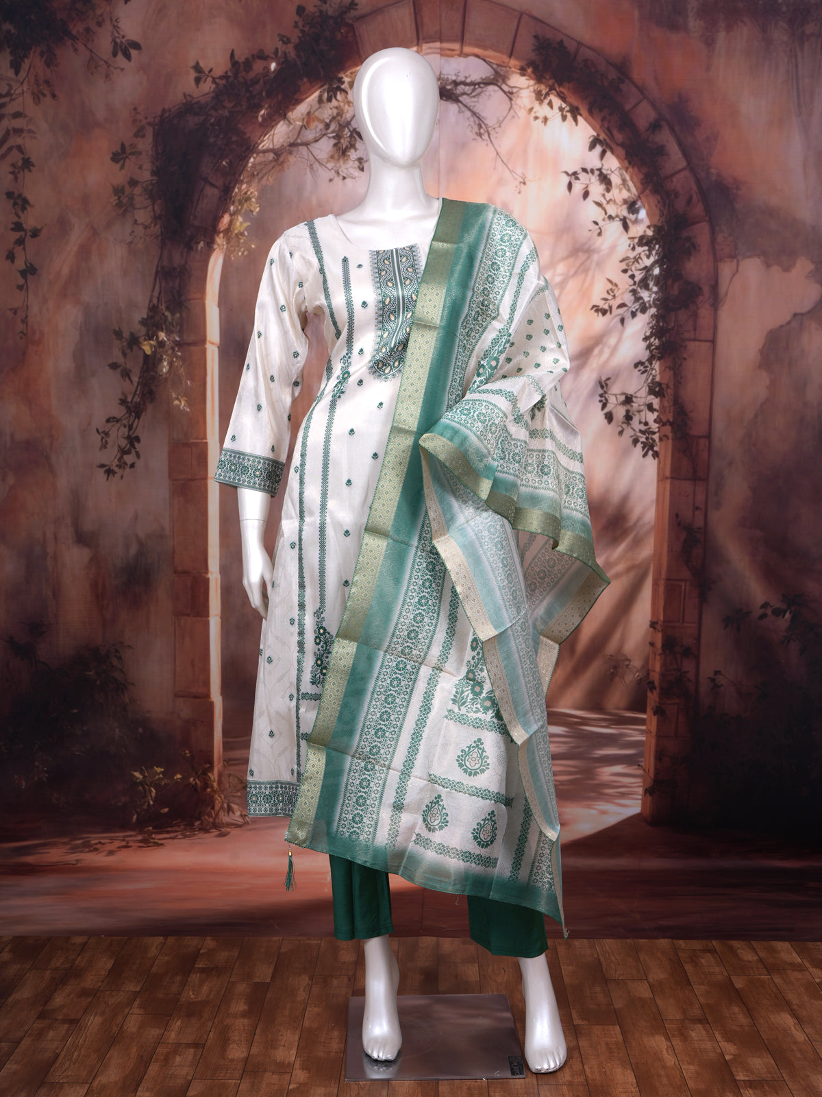 Off-White with Green Ready Made Salwar Suit