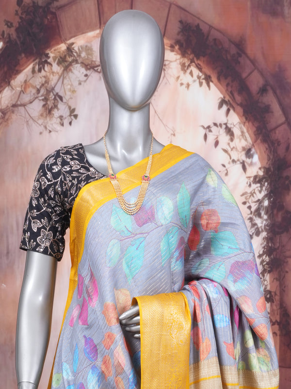 Grey with Yellow - Semi Raw Silk Saree