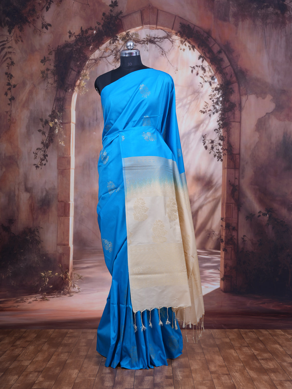 Sky Blue with Light Sandal Semi Silk Saree