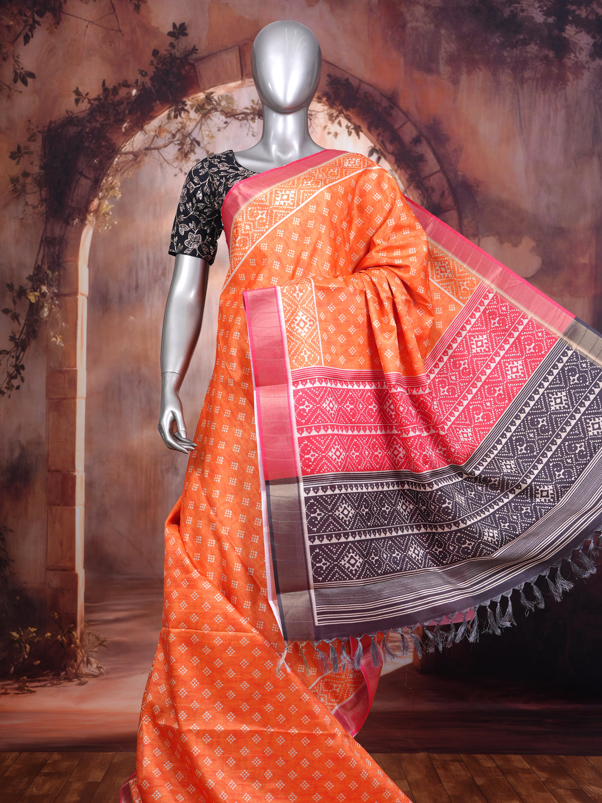 Orange Saree with Pink and Black Patola Munthi Dola Silk Saree