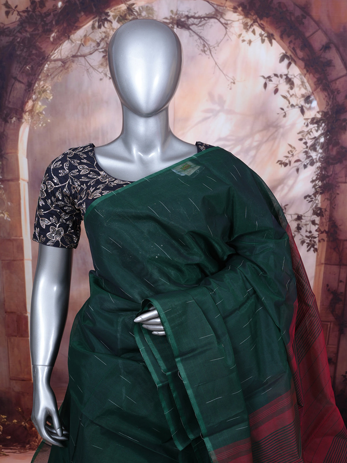 Dark Green and Brick Red Silk Cotton Saree