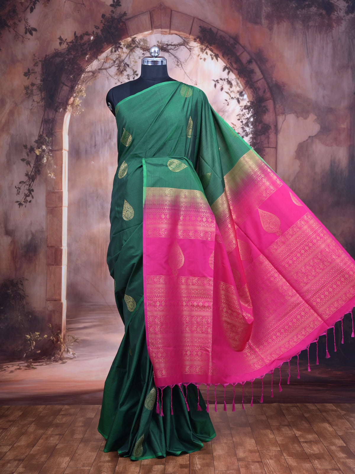 Dark Green With Pink  Semi Silk Saree