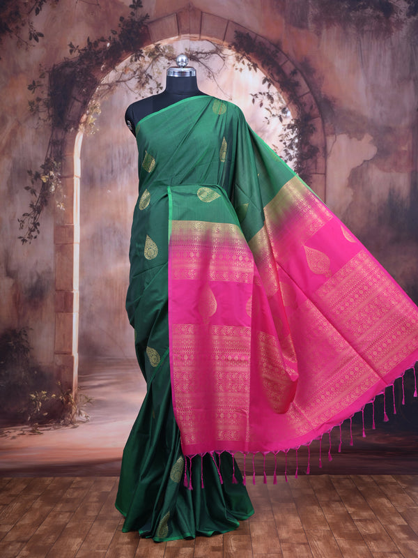 Dark Green With Pink  Semi Silk Saree