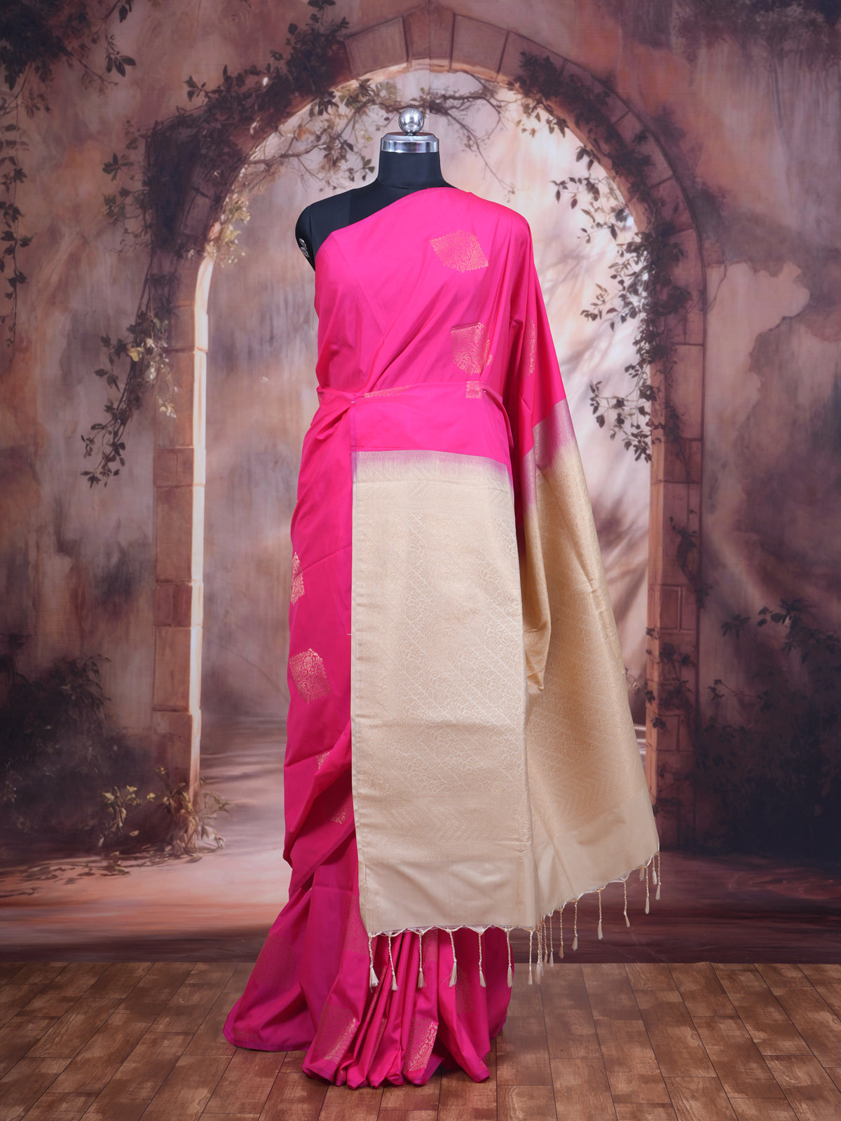 Pink With Sandal Semi Silk Saree