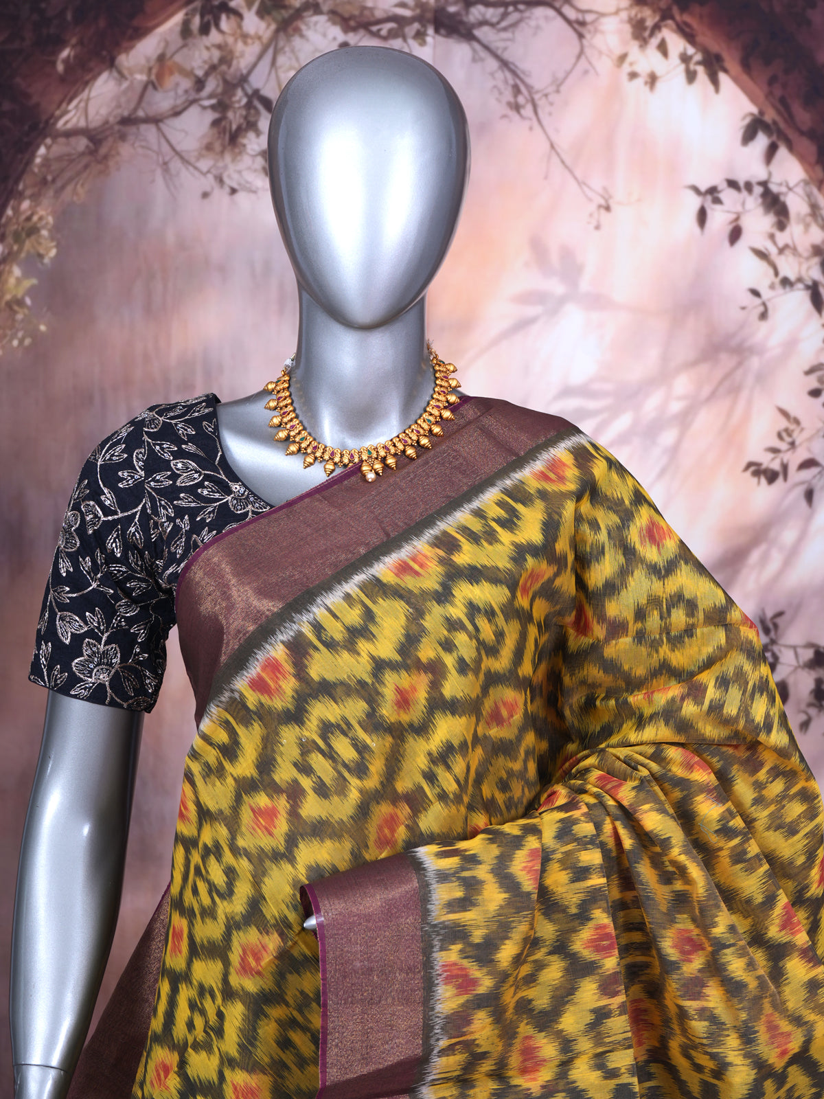 Yellow with Charcoal Grey - Pochampalli Cotton Saree