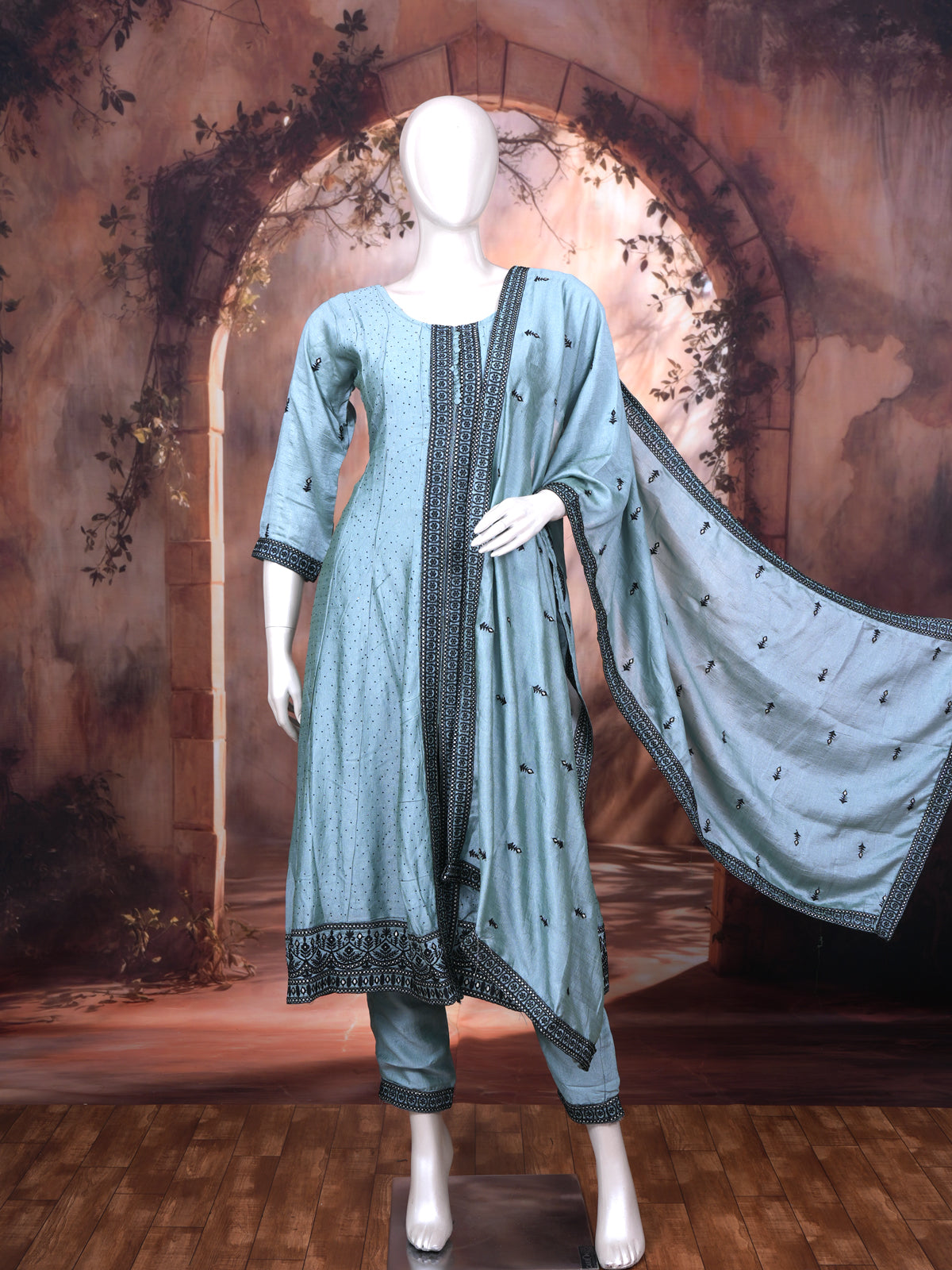 Powder Blue With Balck Dupatta Ready Made Salwar Suit