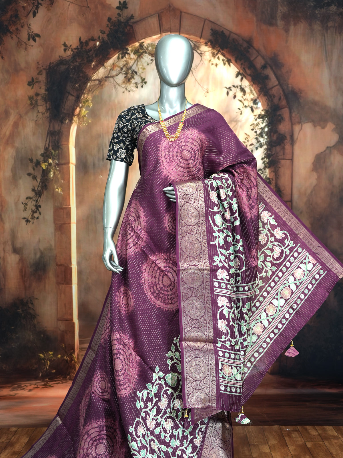 Elegant Deep Purple with Floral Pastel Munthi - Semi Raw Silk Saree